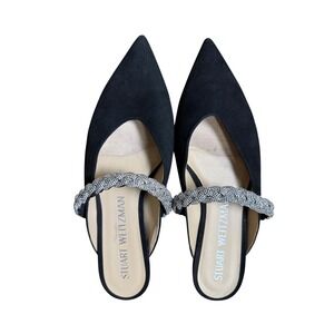 Stuart Weitzman Addison Black Suede Crystal Braided Flat Mules Womens 10.5